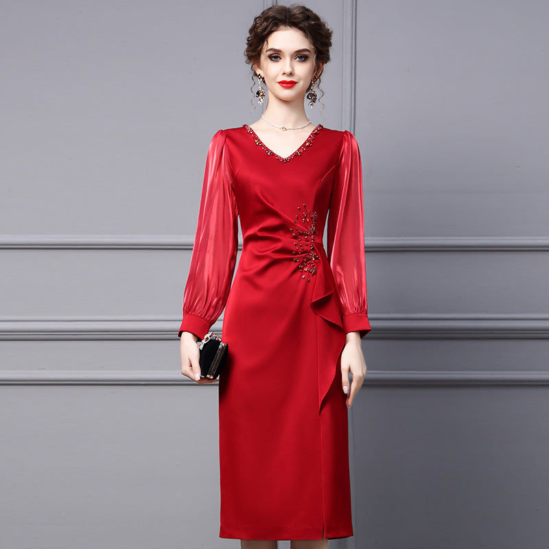 Wine Red Dress Women's Nail Diamond