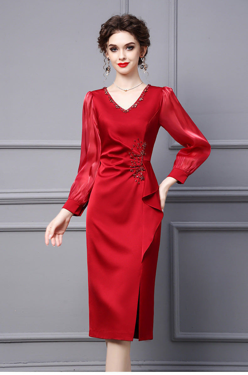 Wine Red Dress Women's Nail Diamond