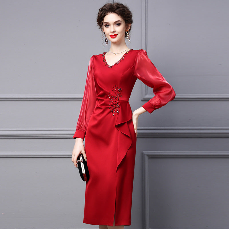 Wine Red Dress Women's Nail Diamond