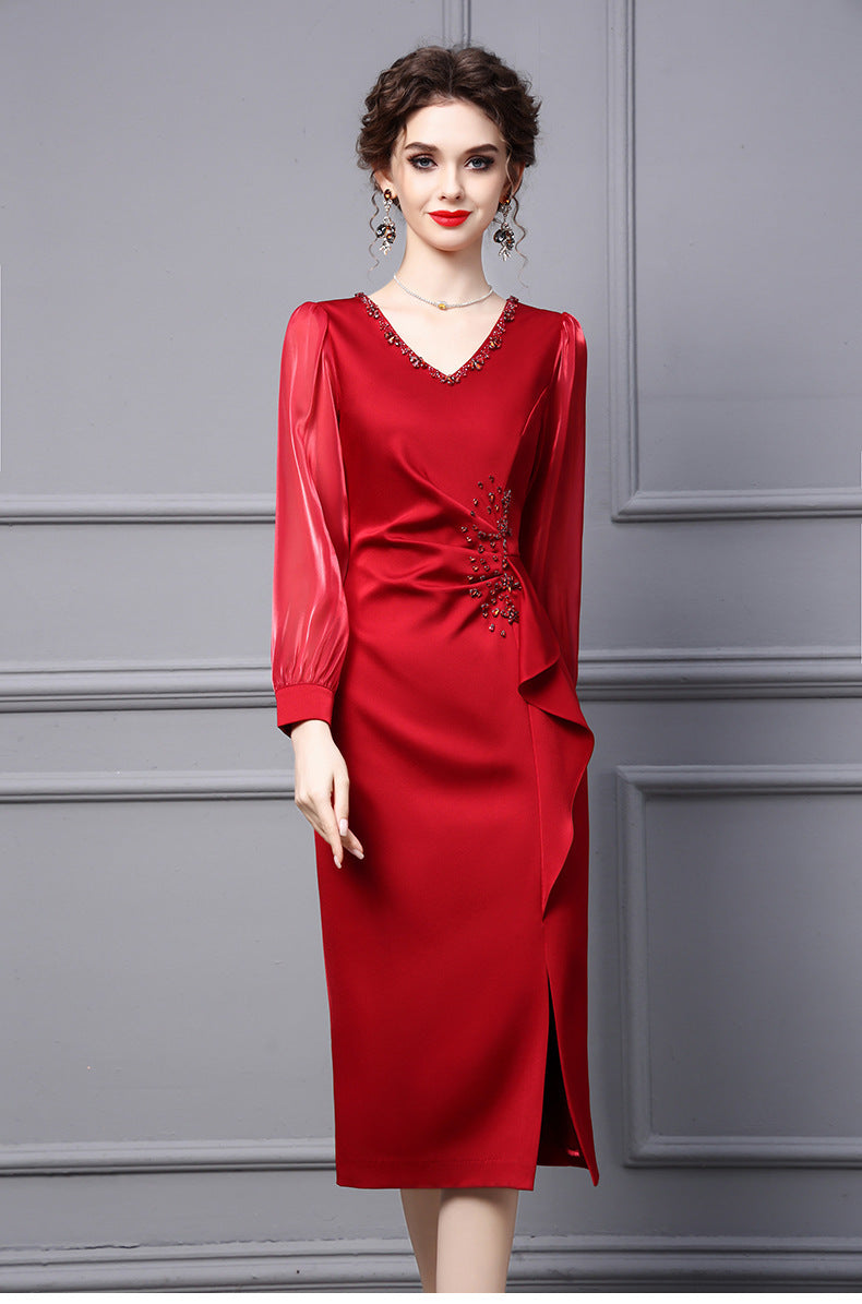 Wine Red Dress Women's Nail Diamond
