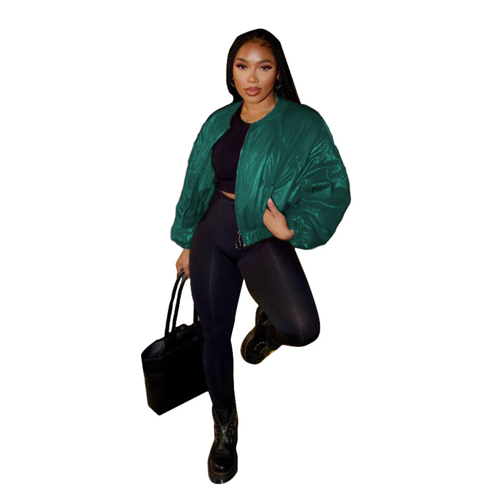 Women's Solid Color Cool Girl Baseball Jackets Round Neck Zipper Vintage Bomber Jacket Autumn Casual Female Bomber Jacket Chic Outerwear
